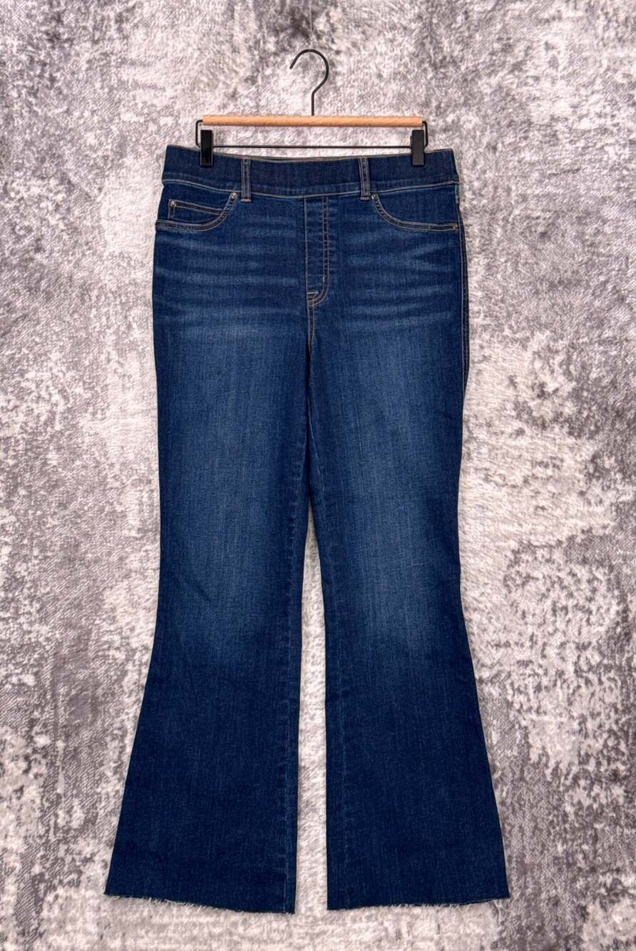 Spanx Jeans Large Womens Flare Leg Pull On High Rise Raw Hem Stretch Denim